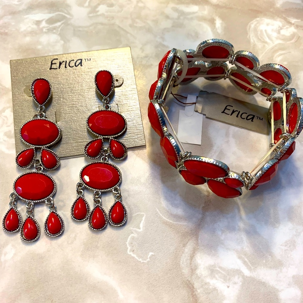 Brand New! Erica Red Stone Earrings And Bracelet Set.